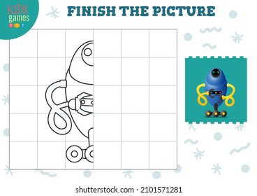 Copy and complete the picture vector blank game, illustration. Preschool kids activity or exercise for learning and education with cartoon cute robot