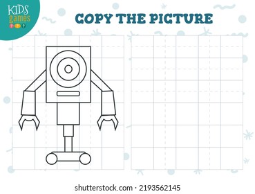Copy and complete the picture vector blank game, illustration. Preschool kids activity or exercise for learning and education with cartoon cute robot