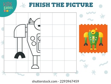 Copy and complete the picture vector blank game, illustration. Preschool kids activity or exercise for learning and education with cartoon cute robot