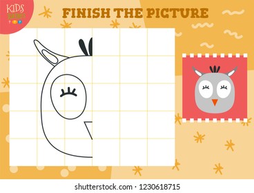 Copy and complete picture vector game, illustration. Preschool kids activity or educational exercise with owl character 