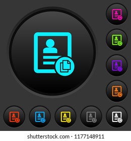 Copy contact dark push buttons with vivid color icons on dark grey background