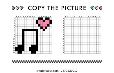 Copy the cute music notes picture game. Drawing with squares. Educational worksheet for kids. Coloring activity for preschool and school children. Pixel art vector illustration. Printable pattern