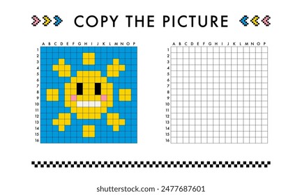 Copy the cute sun summer picture game. Drawing with squares. Educational worksheet for kids. Coloring activity for preschool and school children. Pixel art vector illustration. Printable pattern