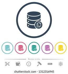 Copy database flat color icons in round outlines. 6 bonus icons included.