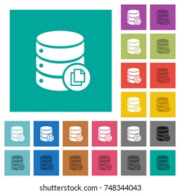 Copy database multi colored flat icons on plain square backgrounds. Included white and darker icon variations for hover or active effects.