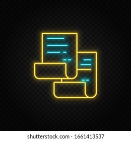Copy, document. Blue and yellow neon vector icon. Transparent background