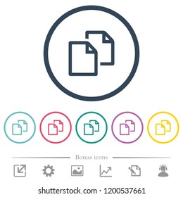 Copy document flat color icons in round outlines. 6 bonus icons included.