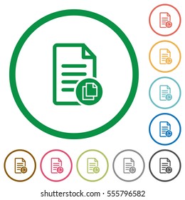 Copy document flat color icons in round outlines on white background