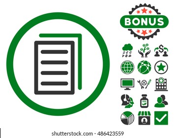 Copy Document icon with bonus elements. Vector illustration style is flat iconic bicolor symbols, green and gray colors, white background.