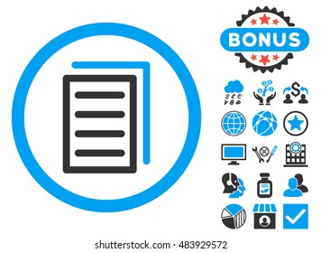 Copy Document icon with bonus symbols. Vector illustration style is flat iconic bicolor symbols, blue and gray colors, white background.