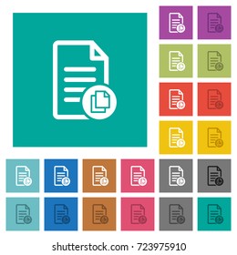 Copy document multi colored flat icons on plain square backgrounds. Included white and darker icon variations for hover or active effects.