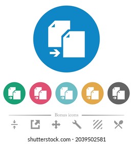 Copy document solid flat white icons on round color backgrounds. 6 bonus icons included.