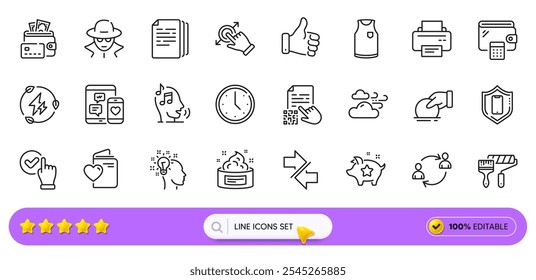 Copy documents, Fraud and User communication line icons for web app. Pack of Smartphone protection, Donate, Printer pictogram icons. Windy weather, T-shirt, Voicemail signs. Money. Search bar. Vector