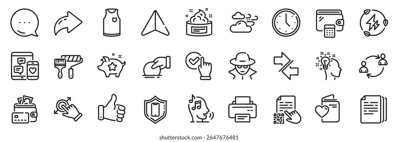 Copy documents, Fraud and User communication line icons pack. Share, Message, Paper plane icons. Smartphone protection, Donate, Printer web icon. Windy weather, T-shirt, Voicemail pictogram. Vector
