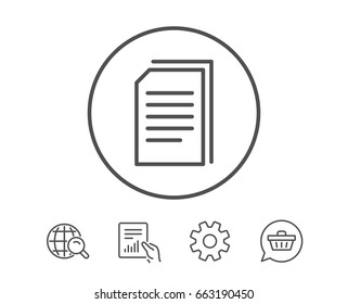 Copy Documents line icon. Copying Files sign. Paper page concept symbol. Hold Report, Service and Global search line signs. Shopping cart icon. Editable stroke. Vector