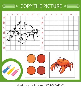 Copy drawing of crab. Vector draw worksheet with funny riddle. Kids activity page and education game with sea animals. Children art lesson. 