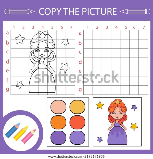 Copy drawing with cute princess. Children
education activity page and worksheet with riddle and game. Kids
draw art lesson.