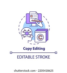 Copy Editing Concept Icon. Identifying Plagiarism Tools. AI In Content Abstract Idea Thin Line Illustration. Isolated Outline Drawing. Editable Stroke. Arial, Myriad Pro-Bold Fonts Used