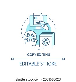 Copy Editing Turquoise Concept Icon. Identifying Plagiarism Tools. AI In Content Abstract Idea Thin Line Illustration. Isolated Outline Drawing. Editable Stroke. Arial, Myriad Pro-Bold Fonts Used