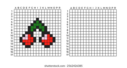 Copy Educational game for children. Cartoon cherry berry. Coloring by numbers for little children. A simple pattern for aquamosaics, various types of mosaics, and cross stitch. Repeat the drawing