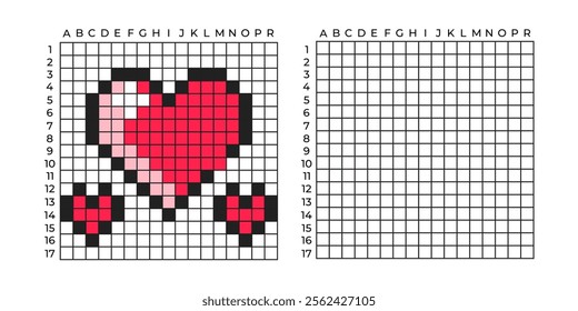 Copy Educational game for children. Cartoon heart valentine. Coloring by numbers for little children. A simple pattern for aquamosaics, various types of mosaics, and cross stitch. Repeat the drawing