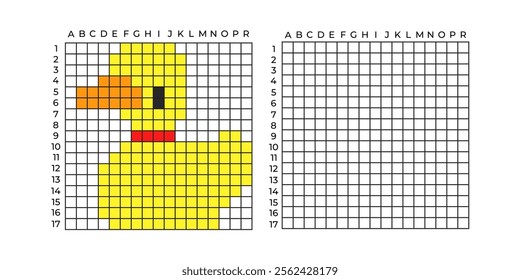Copy Educational game for children. Cartoon yellow duck. Coloring by numbers for little children. A simple pattern for aquamosaics, various types of mosaics, and cross stitch. Repeat the drawing