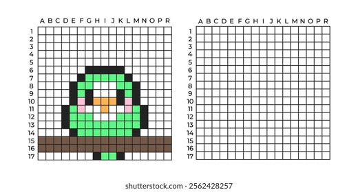 Copy Educational game for children. Cartoon green parrot bird. Coloring by numbers for little children. A simple pattern for aquamosaics, various types of mosaics, and cross stitch. Repeat the drawing