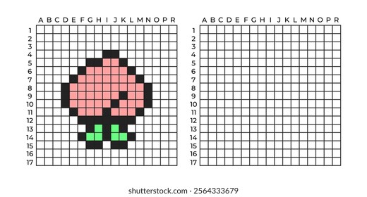 Copy Educational game for children. Cartoon pixel peach. Coloring by numbers for little children. A simple pattern for aquamosaics, various types of mosaics, and cross stitch. Repeat the drawing