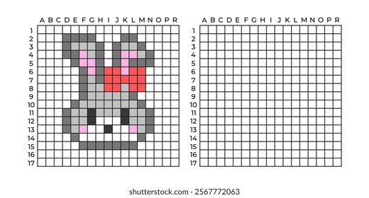 Copy Educational game for children. Cartoon rabbit hare. Coloring by numbers for little children. A simple pattern for various types of mosaics, and cross stitch. Repeat the drawing, pixel art