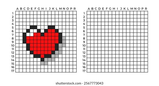 Copy Educational game for children. Cartoon heart valentine. Coloring by numbers for little children. A simple pattern for various types of mosaics, and cross stitch. Repeat the drawing, pixel art