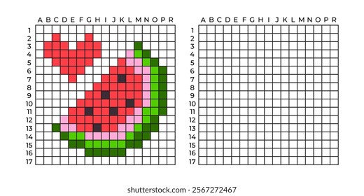 Copy Educational game for children. Pixel art watermelon. Coloring by numbers for little children A simple pattern for aquamosaics, various types of mosaics, and cross stitch. Repeat the drawing