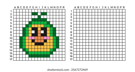 Copy Educational game for children. Pixel art avocado. Coloring by numbers for little children A simple pattern for aquamosaics, various types of mosaics, and cross stitch. Repeat the drawing