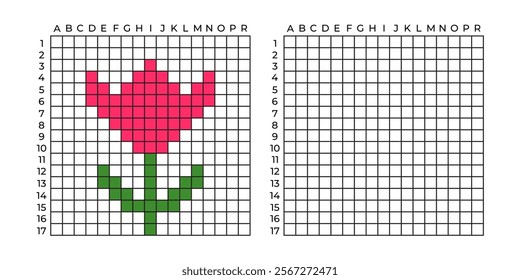 Copy Educational game for children. Pixel art flower tulip Coloring by numbers for little children A simple pattern for aquamosaics, various types of mosaics, and cross stitch. Repeat the drawing.