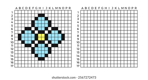 Copy Educational game for children. Pixel art flower Coloring by numbers for little children A simple pattern for aquamosaics, various types of mosaics, and cross stitch. Repeat the drawing.