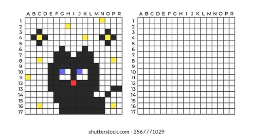 Copy Educational game for children. Pixel art black cat. Coloring by numbers for little children A simple pattern for aquamosaics, various types of mosaics, and cross stitch. Repeat the drawing