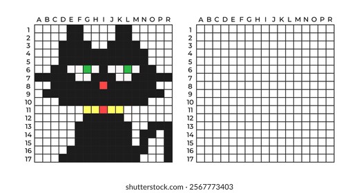 Copy Educational game for children. Pixel art black cat. Coloring by numbers for little children A simple pattern for aquamosaics, various types of mosaics, and cross stitch. Repeat the drawing