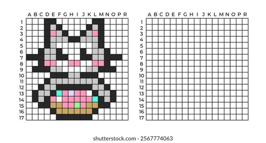 Copy Educational game for children. Pixel art pink cat with donut. Coloring by numbers for little children A simple pattern for various types of mosaics, and cross stitch. Repeat the drawing