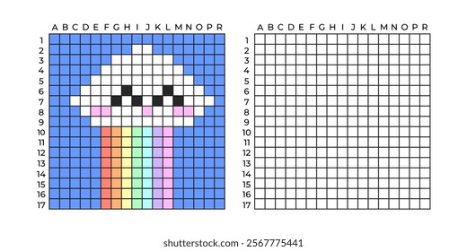 Copy Educational game for children. Pixel art cute cloud with rainbow. Coloring by numbers for little children A simple pattern for various types of mosaics, and cross stitch. Repeat the drawing