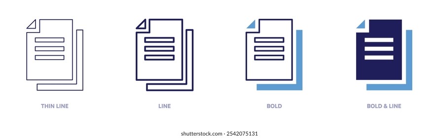 Icono de copiar archivo en 4 estilos diferentes. Línea delgada, línea, negrita y línea negrita. Estilo duotono. Trazo editable.