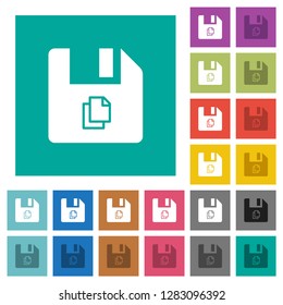 Copy file multi colored flat icons on plain square backgrounds. Included white and darker icon variations for hover or active effects.