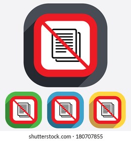 Copy file not allowed sign icon. Duplicate document symbol. Red square prohibition sign. Stop flat symbol. Vector