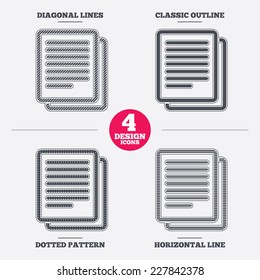 Copy file sign icon. Duplicate document symbol. Diagonal and horizontal lines, classic outline, dotted texture. Pattern design icons.  Vector