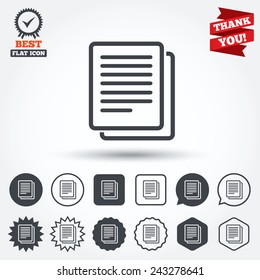 Copy file sign icon. Duplicate document symbol. Circle, star, speech bubble and square buttons. Award medal with check mark. Thank you ribbon. Vector