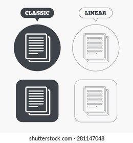 Copy file sign icon. Duplicate document symbol. Classic and line web buttons. Circles and squares. Vector