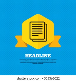 Copy file sign icon. Duplicate document symbol. Yellow label tag. Circles seamless pattern on back. Vector