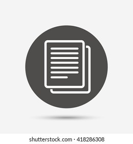 Copy file sign icon. Duplicate document symbol. Gray circle button with icon. Vector