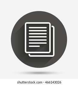 Copy file sign icon. Duplicate document symbol. Circle flat button with shadow. Vector