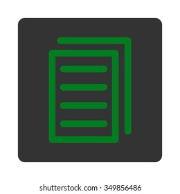Copy File vector icon. Style is flat rounded square button, green and gray colors, white background.