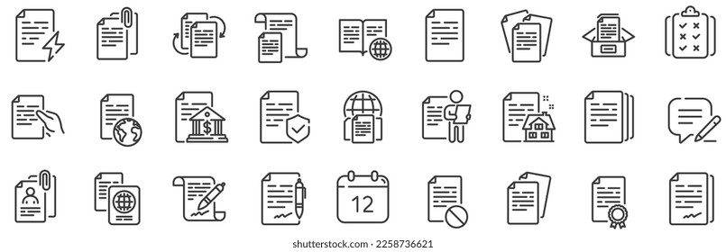 Copiar archivos, contrato, Passport. Iconos de línea de documentos. entrevista CV, flujo de trabajo de documentos, iconos de clip de adjunto. Cambiar archivos, documento incorrecto, burocracia y firma de contrato. Vector