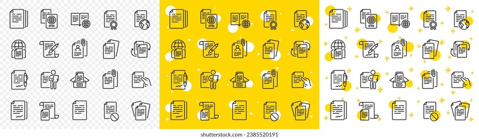 Kopieren Sie Dateien, Vertrag, Passport. Symbole der Dokumentlinie. CV-Interview, Dokumente-Workflow, Anhänge Video-Symbole. Ändern von Dateien, falschem Dokument, Bürokratie und Vertragsunterzeichnung. Vektorgrafik